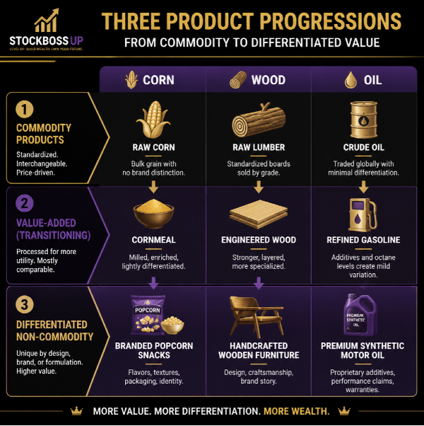Infographic: Transitioning From Commodity to Differentiated Value, example of corn, wood and fuel transitioning to add value non-commodity products