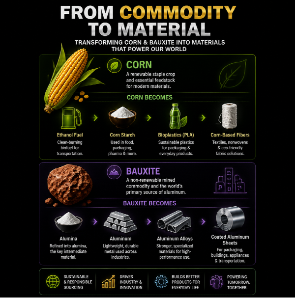 Corn and bauxite commodites transformed into materials and products