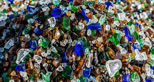 A pile of colorful recycled crushed glass cullet